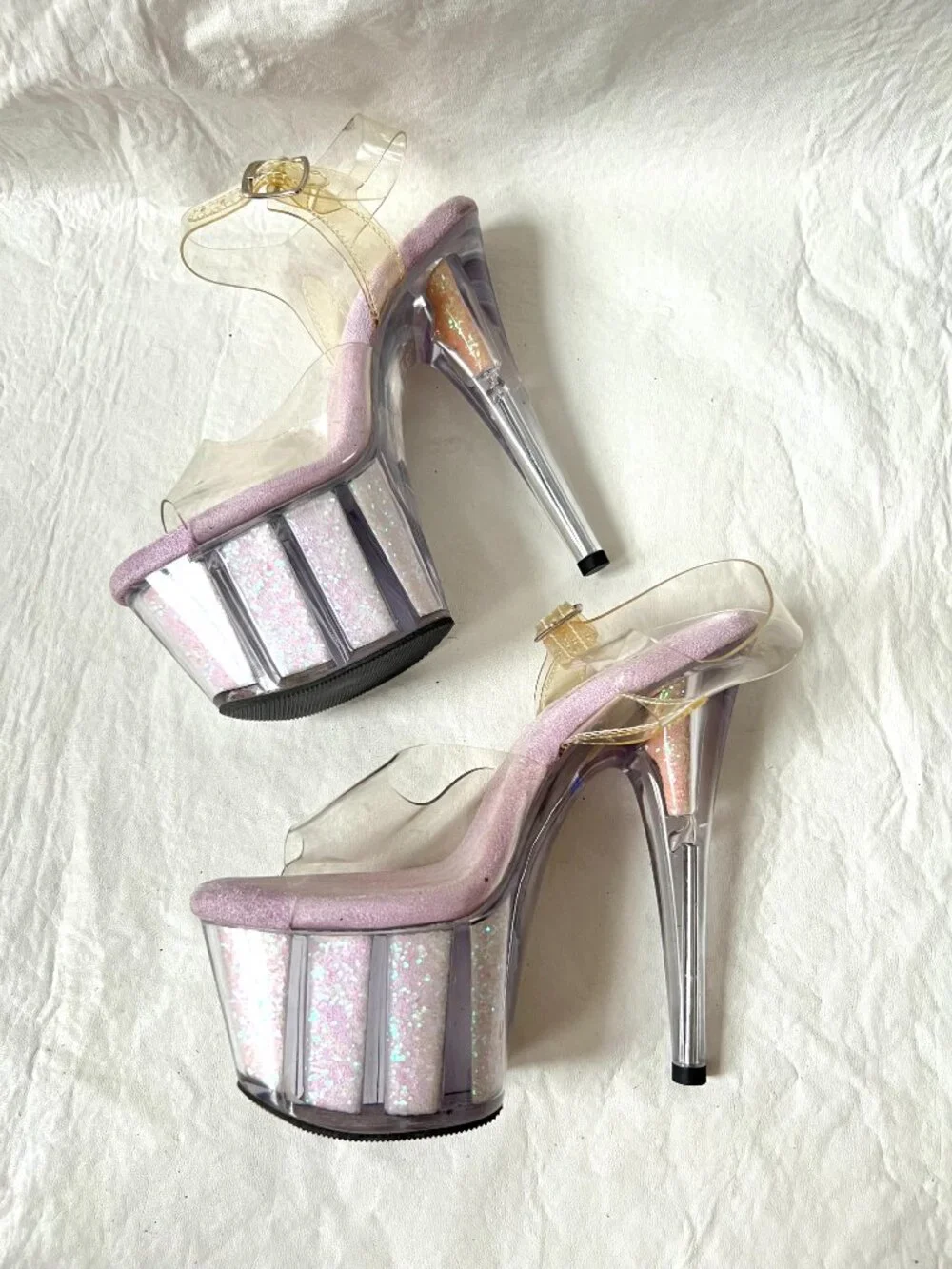 Pleaser platform high heels womens 8 clear plastic Adore-708UVG glitter UV glow